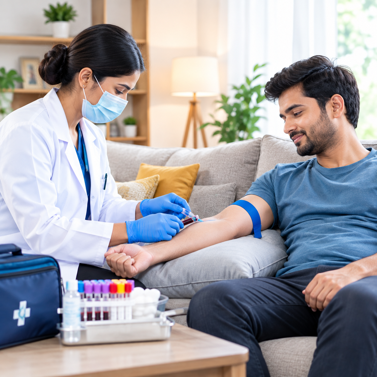 Healthcare professional collecting blood sample at home